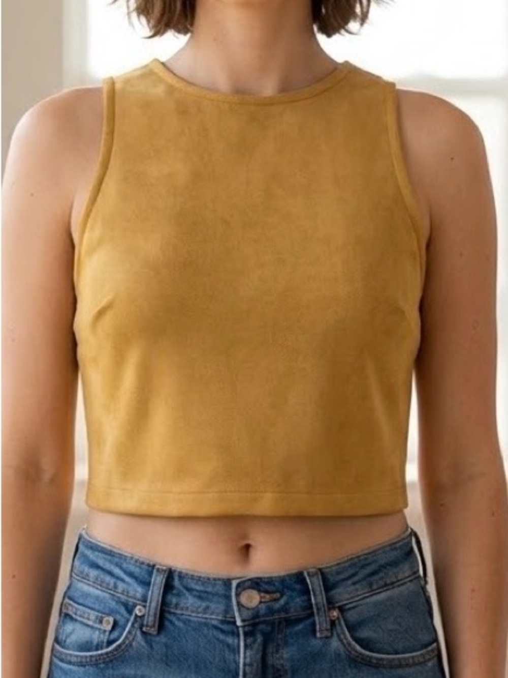 NWT Blush Suede Sleeveless Crop Top Tan Brown High Neck Full Zipper Back Sz Med